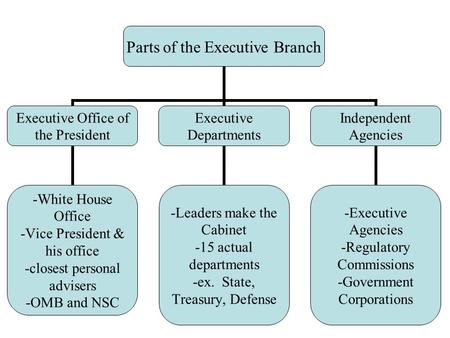Parts of the Executive Branch Executive Office of the President -White House Office -Vice President & his office -closest personal advisers -OMB and NSC.