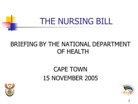 1 THE NURSING BILL BRIEFING BY THE NATIONAL DEPARTMENT OF HEALTH CAPE TOWN 15 NOVEMBER 2005.