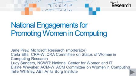 Jane Prey, Microsoft Research (moderator) Carla Ellis, CRA-W: CRA Committee on Status of Women in Computing Research Lucy Sanders, NCWIT: National Center.