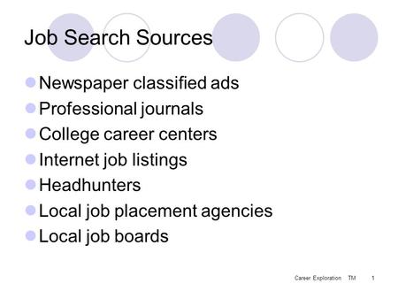 Career Exploration TM1 Job Search Sources Newspaper classified ads Professional journals College career centers Internet job listings Headhunters Local.