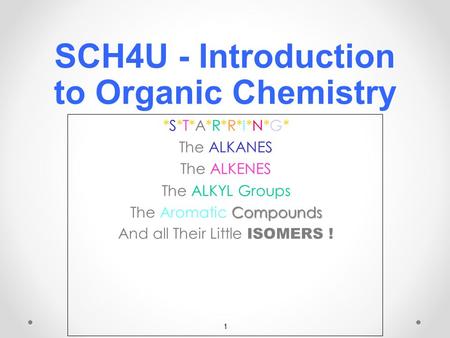 1 SCH4U - Introduction to Organic Chemistry *S*T*A*R*R*I*N*G**S*T*A*R*R*I*N*G**S*T*A*R*R*I*N*G**S*T*A*R*R*I*N*G* ALKANES The ALKANES ALKENES The ALKENES.
