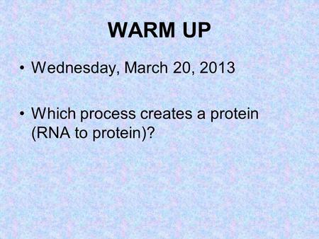 WARM UP Wednesday, March 20, 2013 Which process creates a protein (RNA to protein)?