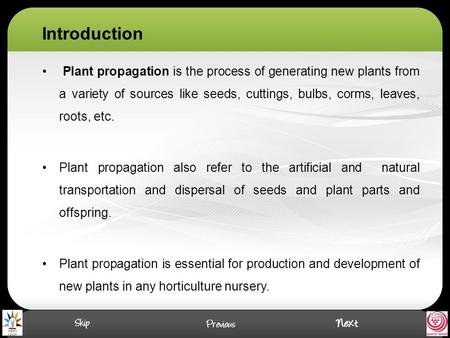 Introduction Plant propagation is the process of generating new plants from a variety of sources like seeds, cuttings, bulbs, corms, leaves, roots, etc.