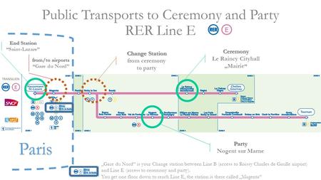 Public Transports to Ceremony and Party RER Line E Paris Ceremony Le Raincy Cityhall „Mairie“ Party Nogent sur Marne Change Station from ceremony to party.