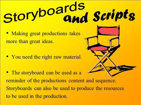 Making great productions takes more than great ideas. You need the right raw material. The storyboard can be used as a reminder of the productions content.