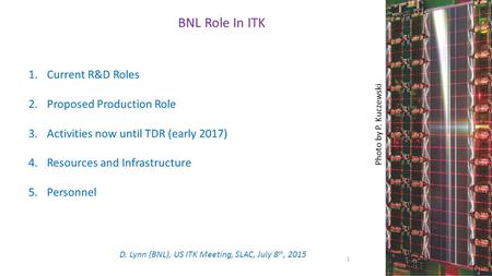 BNL Role In ITK 1.Current R&D Roles 2.Proposed Production Role 3.Activities now until TDR (early 2017) 4.Resources and Infrastructure 5.Personnel 1 D.