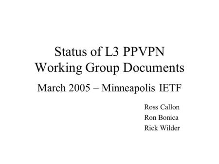Status of L3 PPVPN Working Group Documents March 2005 – Minneapolis IETF Ross Callon Ron Bonica Rick Wilder.