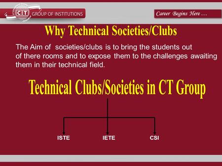 Career Begins Here … ISTEIETECSI The Aim of societies/clubs is to bring the students out of there rooms and to expose them to the challenges awaiting them.