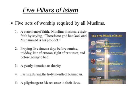 Five Pillars of Islam 1.A statement of faith. Muslims must state their faith by saying, “There is no god but God, and Muhammad is his prophet.” 2.Praying.