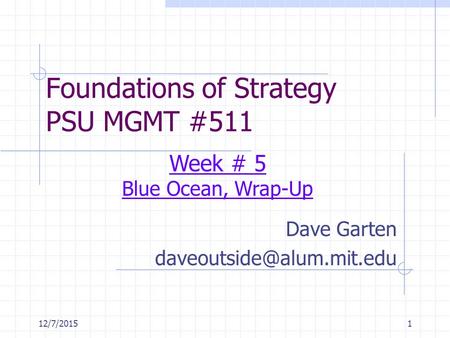 12/7/20151 Foundations of Strategy PSU MGMT #511 Dave Garten Week # 5 Blue Ocean, Wrap-Up.