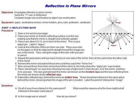 Object image Reflection in Plane Mirrors Objectives: Investigate reflection in plane mirrors Verify the “1 st Law of Reflection” Compare image size and.