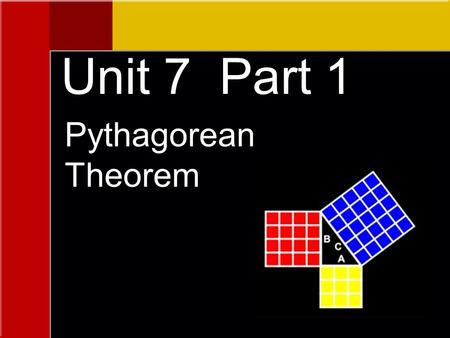 Pythagorean Theorem Unit 7 Part 1. The Pythagorean Theorem The sum of the squares of the legs of a right triangle is equal to the square of the hypotenuse.