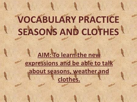 VOCABULARY PRACTICE SEASONS AND CLOTHES AIM: To learn the new expressions and be able to talk about seasons, weather and clothes.