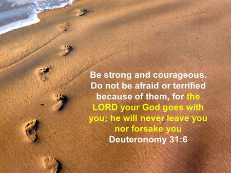 Be strong and courageous. Do not be afraid or terrified because of them, for the LORD your God goes with you; he will never leave you nor forsake you Deuteronomy.