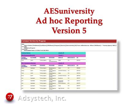 AESuniversity Ad hoc Reporting Version 5. for the special purpose or end presently under consideration concerned or dealing with a specific subject, purpose,