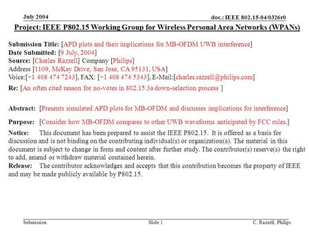Doc.: IEEE 802.15-04/0326r0 Submission July 2004 C. Razzell, PhilipsSlide 1 Project: IEEE P802.15 Working Group for Wireless Personal Area Networks (WPANs)