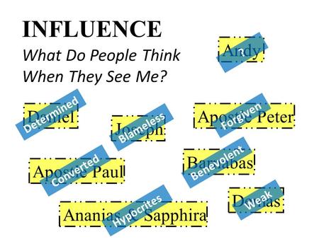 INFLUENCE What Do People Think When They See Me? Daniel Apostle Paul Joseph Barnabas Ananias & Sapphira Demas Apostle Peter Determined Blameless Converted.