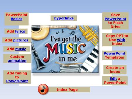 PowerPoint Basics Basics Add lyrics Add picturespictures hyperlinks Create an index Custom animation animation Add musicmusic PowerPoint PowerPoint Templates.