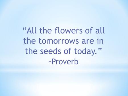 “All the flowers of all the tomorrows are in the seeds of today.” - Proverb.