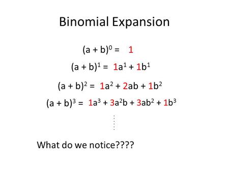 (a + b) 0 =1 (a + b) 1 = (a + b) 2 = (a + b) 3 = 1a 1 + 1b 1 1a 2 + 2ab + 1b 2 1a 3 + 3a 2 b + 3ab 2 + 1b 3 Binomial Expansion... What do we notice????