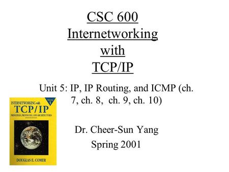 CSC 600 Internetworking with TCP/IP Unit 5: IP, IP Routing, and ICMP (ch. 7, ch. 8, ch. 9, ch. 10) Dr. Cheer-Sun Yang Spring 2001.