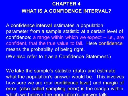 1 CHAPTER 4 CHAPTER 4 WHAT IS A CONFIDENCE INTERVAL? WHAT IS A CONFIDENCE INTERVAL? confidence interval A confidence interval estimates a population parameter.