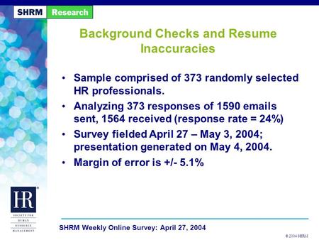 © 2004 SHRM SHRM Weekly Online Survey: April 27, 2004 Background Checks and Resume Inaccuracies Sample comprised of 373 randomly selected HR professionals.