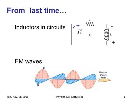 Tue. Nov. 11, 2008Physics 208, Lecture 211 From last time… EM waves Inductors in circuits I? + -