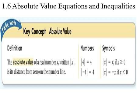 1.6 Absolute Value Equations and Inequalities. Solving an Absolute Value Equation What is the solution of | 2x – 1 | = 5? Graph the solution. | 2x – 1.