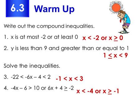 Write out the compound inequalities. 1.x is at most -2 or at least 0 2.y is less than 9 and greater than or equal to 1 Solve the inequalities. 3.-22 