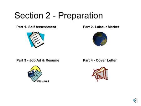Section 2 - Preparation Part 1- Self AssessmentPart 2- Labour Market Part 3 - Job Ad & ResumePart 4 - Cover Letter.