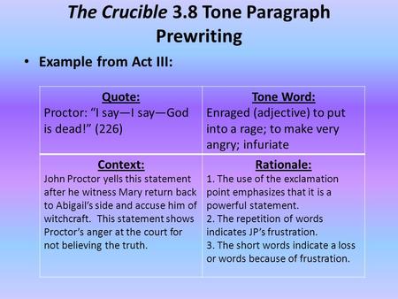 The Crucible 3.8 Tone Paragraph Prewriting Example from Act III: Quote: Proctor: “I say—I say—God is dead!” (226) Tone Word: Enraged (adjective) to put.