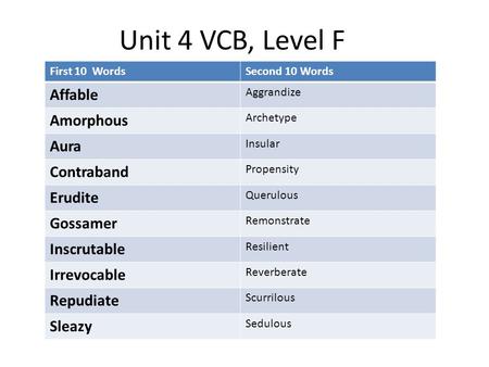 Unit 4 VCB, Level F Affable Amorphous Aura Contraband Erudite Gossamer