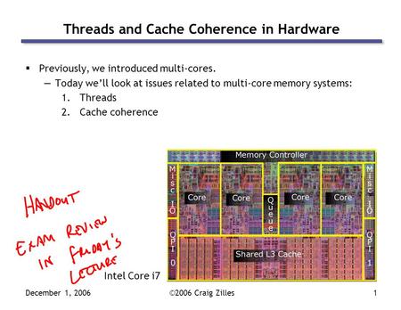 December 1, 2006©2006 Craig Zilles1 Threads and Cache Coherence in Hardware  Previously, we introduced multi-cores. —Today we’ll look at issues related.