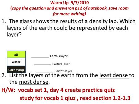 List the layers of the earth from the least dense to the most dense.