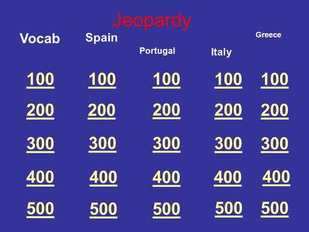 100 200 300 400 500 Vocab Jeopardy Spain 100 200 300 400 500 100 200 300 400 500 Portugal Italy Greece.