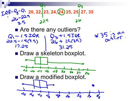 20, 22, 23, 24, 24, 25, 25, 27, 35 Are there any outliers? Draw a skeleton boxplot. Draw a modified boxplot.