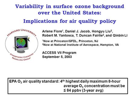 Variability in surface ozone background over the United States: Implications for air quality policy Arlene Fiore 1, Daniel J. Jacob, Hongyu Liu 2, Robert.