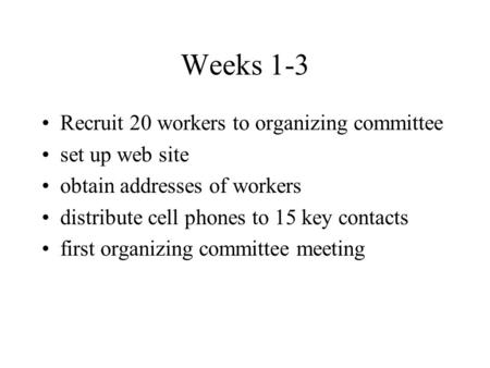 Weeks 1-3 Recruit 20 workers to organizing committee set up web site obtain addresses of workers distribute cell phones to 15 key contacts first organizing.