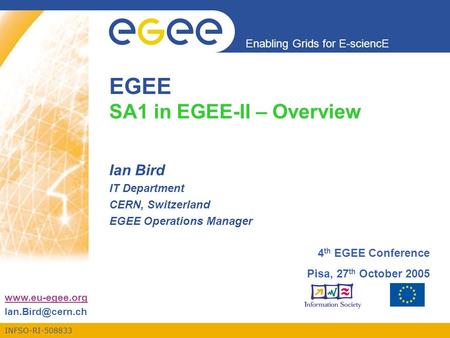INFSO-RI-508833 Enabling Grids for E-sciencE  EGEE SA1 in EGEE-II – Overview Ian Bird IT Department CERN, Switzerland EGEE.