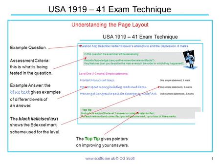 1 USA 1919 – 41 Exam Technique www.scotts.me.uk © OG Scott Understanding the Page Layout Example Question. Assessment Criteria: this is what is being tested.