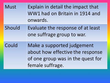 MustExplain in detail the impact that WW1 had on Britain in 1914 and onwards. ShouldEvaluate the response of at least one suffrage group to war. CouldMake.