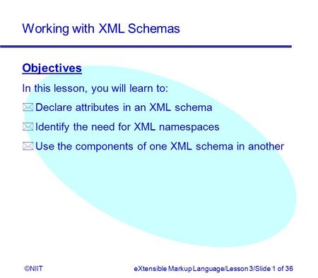 Working with XML Schemas ©NIITeXtensible Markup Language/Lesson 3/Slide 1 of 36 Objectives In this lesson, you will learn to: * Declare attributes in an.