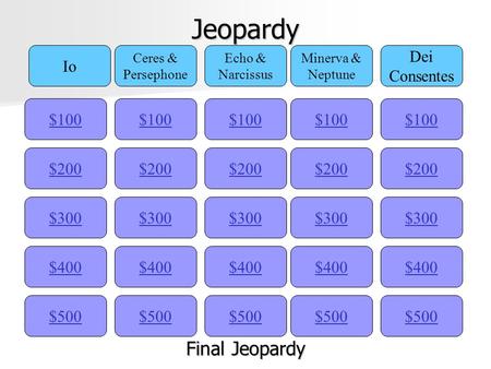 Jeopardy $100 Io Ceres & Persephone Echo & Narcissus Minerva & Neptune Dei Consentes $200 $300 $400 $500 $400 $300 $200 $100 $500 $400 $300 $200 $100.