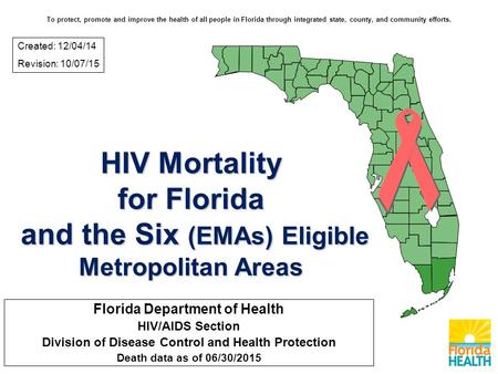 HIV Mortality for Florida and the Six (EMAs) Eligible Metropolitan Areas Florida Department of Health HIV/AIDS Section Division of Disease Control and.