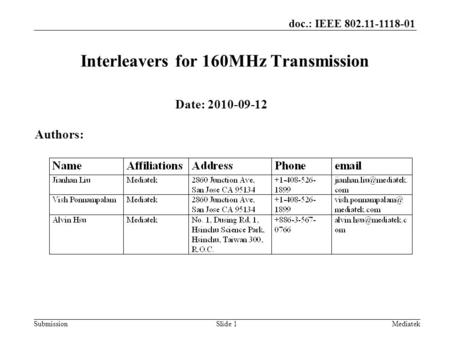 Doc.: IEEE 802.11-1118-01 SubmissionSlide 1 Interleavers for 160MHz Transmission Date: 2010-09-12 Authors: Mediatek.