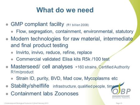 What do we need GMP compliant facility (R1 billion 2008) Flow, segregation, containment, environmental, statutory Modern technologies for raw material,