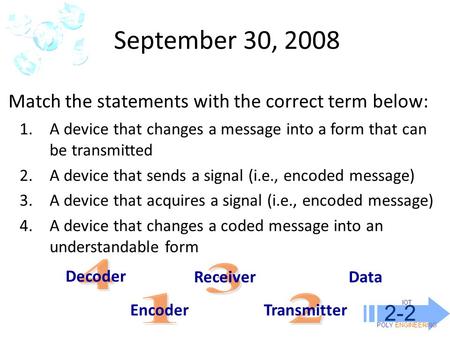 IOT POLY ENGINEERING 2-2 September 30, 2008 1.A device that changes a message into a form that can be transmitted 2.A device that sends a signal (i.e.,