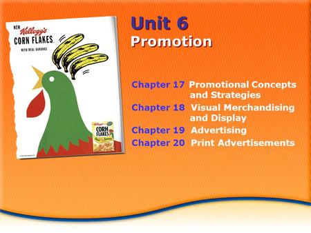 Unit 6 Promotion Chapter 17 Promotional Concepts and Strategies Chapter 18 Visual Merchandising and Display Chapter 19 Advertising Chapter 20 Print Advertisements.