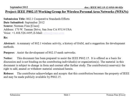 Doc.: IEEE 802.15-12-0510-00-0l2r Submission September 2012 Norman Finn [Cisco] Slide 1 Project: IEEE P802.15 Working Group for Wireless Personal Area.
